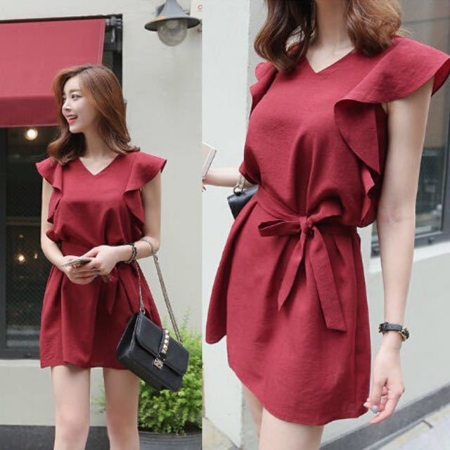 Butterfly Flap Wing Sleeve Sides Wine Red Ribbon Bow Knot Waist Sweet ...