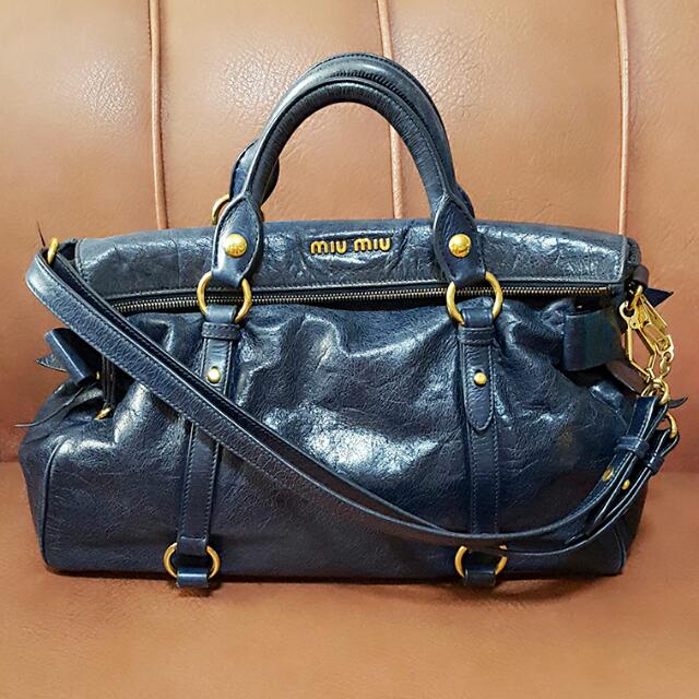 Miu Miu, Bags, Miu Miu Vitello Lux Bow Bag In Navy