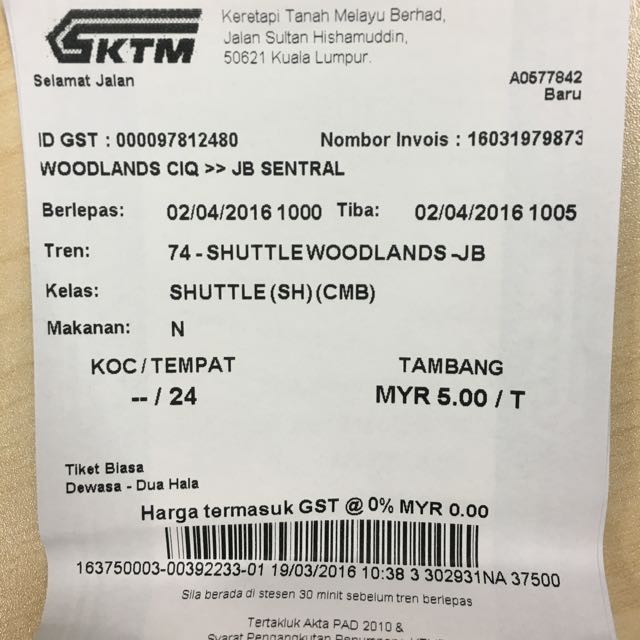 Ktm Train Ticket Sg Jb 2th April Entertainment On Carousell