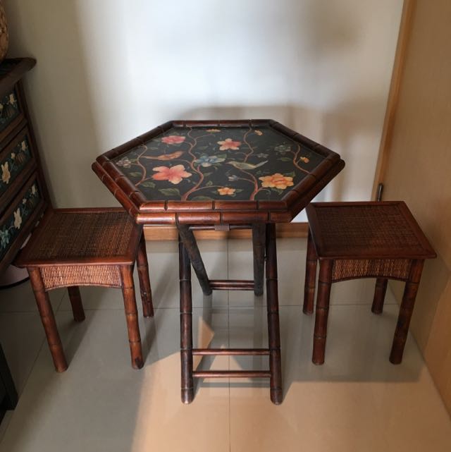 Vintage Bamboo Small Hexagon Hand Painted Birds Flowers Vintage Bamboo Small Hexagon Hand Painted Birds Flowers Table Furniture On Carou
