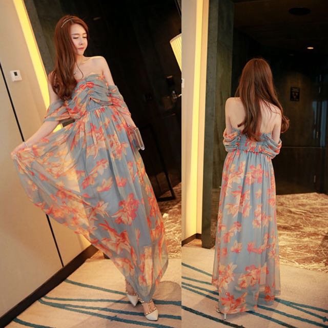 High Quality Elegant Ruched Floral Bohemian Sweet Flowy Kale Holiday Beach Style Maxi Dress Code F211 Women S Fashion On Carousell