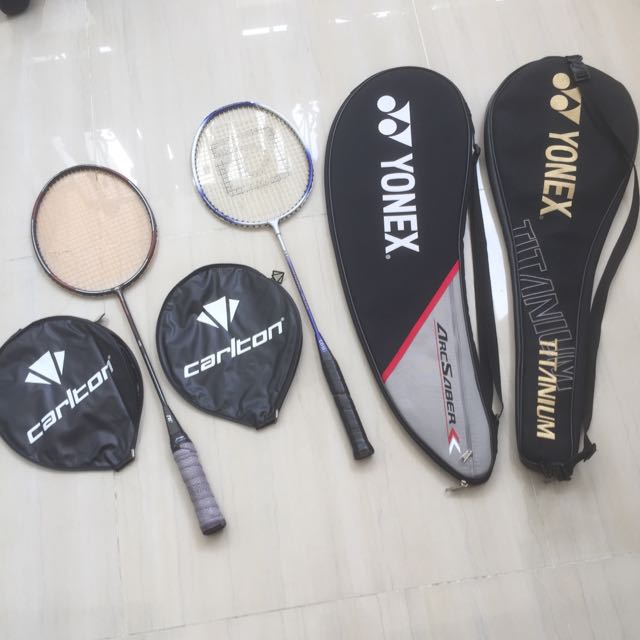 Gosen Model Isodynamic Plus Racquet, RW Model Wiz Racquet, 2 Carlton Badminton covers and 2