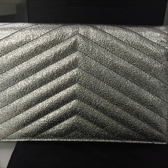 Monogram chain wallet in silver textured matelassé metallic leather online