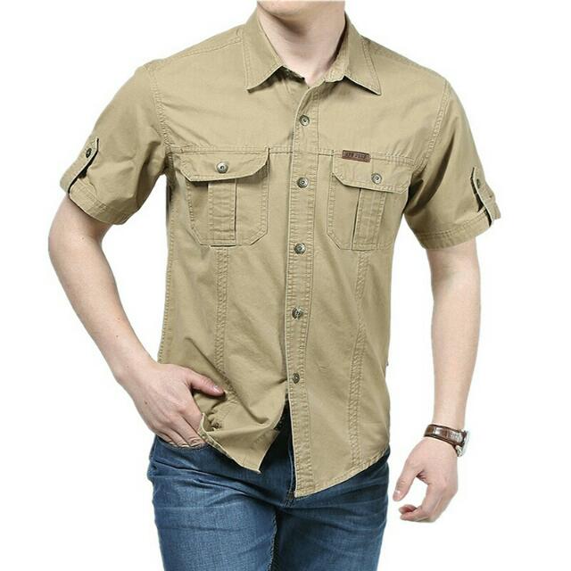 High quality 2016 European military style summer casual brand men 100 cotton khaki short shirts man army green shirt tops