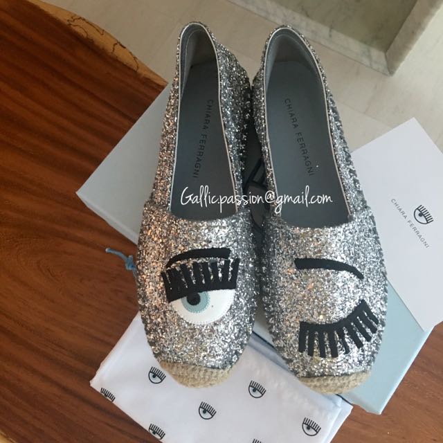 BNIB Chiara Ferragni Silver Flirting Glitter Espadrilles Luxury