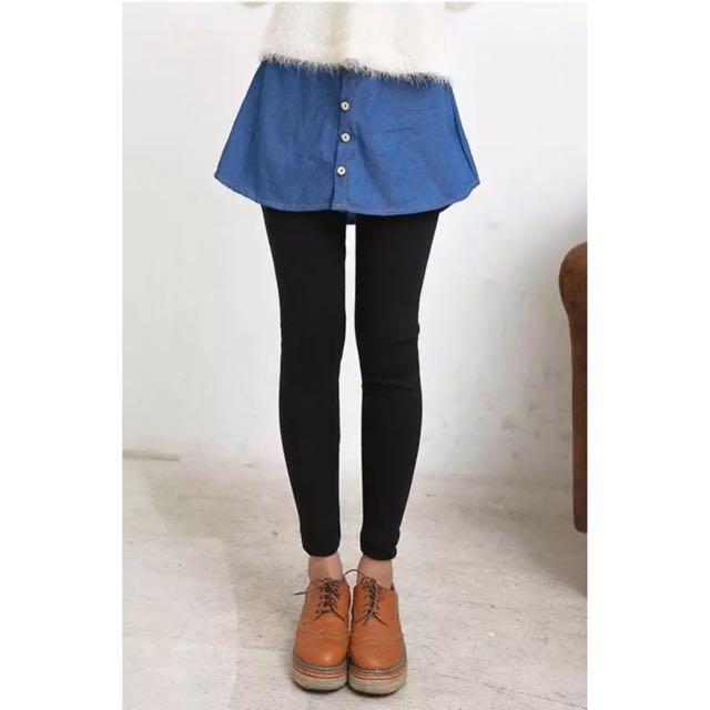 blue denim skirt black tights