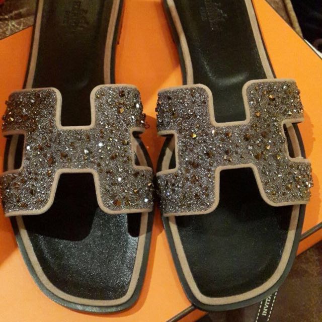 Hermes, Shoes, Hermes Oran Sandals With Black Crystals