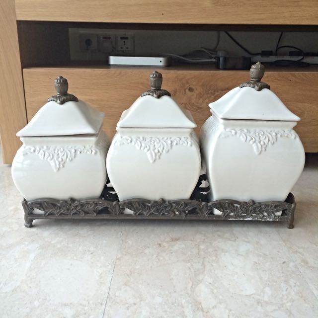 Ceramic 3 Piece Canister Set With Metal Stand Furniture On Carousell