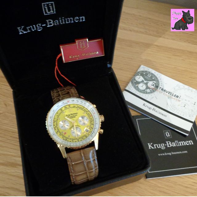 Krug Baumen 400219DS Air Traveller Diamond Gold with Yellow Dial Brown Strap RRP 339