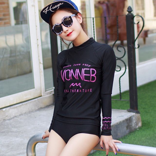 rashguard and bikini bottom