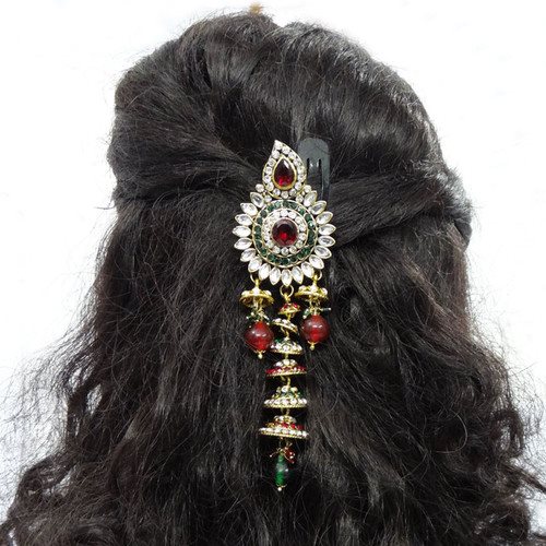 Maroon Green Gold Tone Indian Hair Bun Pin For Wedding Or Event