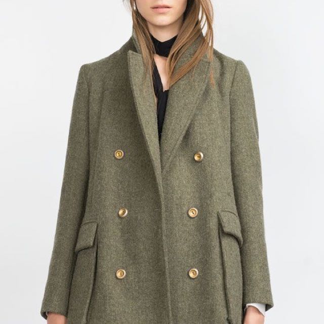 BNWT Zara Olive Wool Coat, Women's 