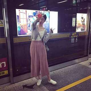 （含運）氣質壓摺寬褲粉色