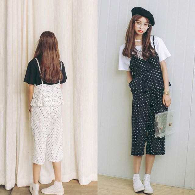black and white polka dot dungarees