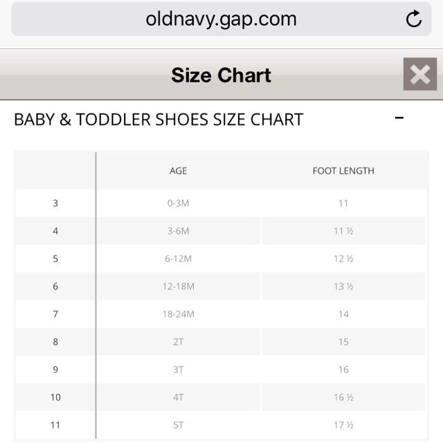 old navy baby shoes size chart