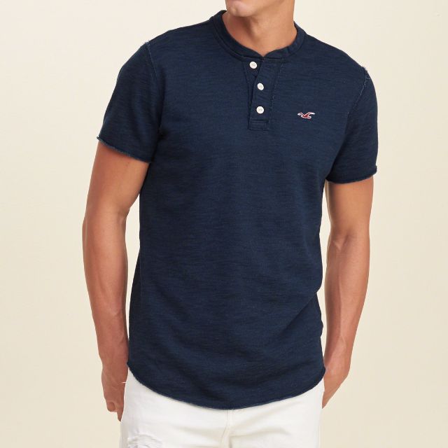 Hollister Slim Fit Henley T-Shirt With Seagull Logo in Navy