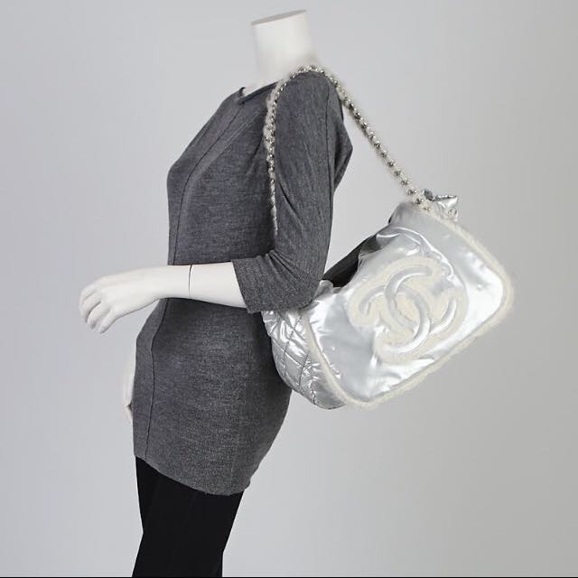 Chanel Arctic Polar Ice White Fur Metallic Silver Flag Bag