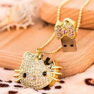 Hello Kitty貓水鑽USB隨身碟 項鍊 掛鏈 金 銀 情人節禮物 生日禮物
