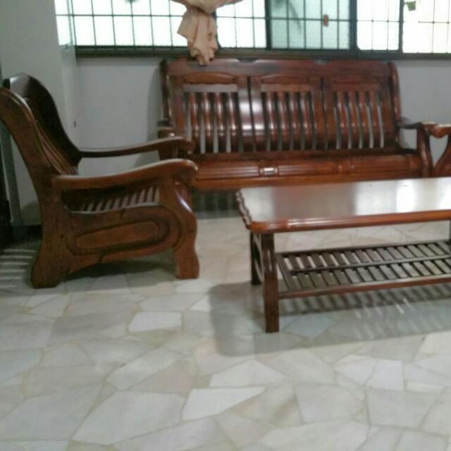 Classic Teak Wood Finish Wooden Sofa Set W Table Ideal For Hall Room Furniture On Carousell