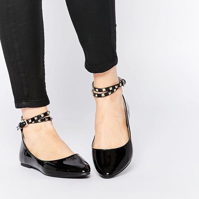 Daisy Street Black Studded Ankle Strap Ballet Flat Shoes Black UK 6 Women s Fashion Footwear Flats on Carousell