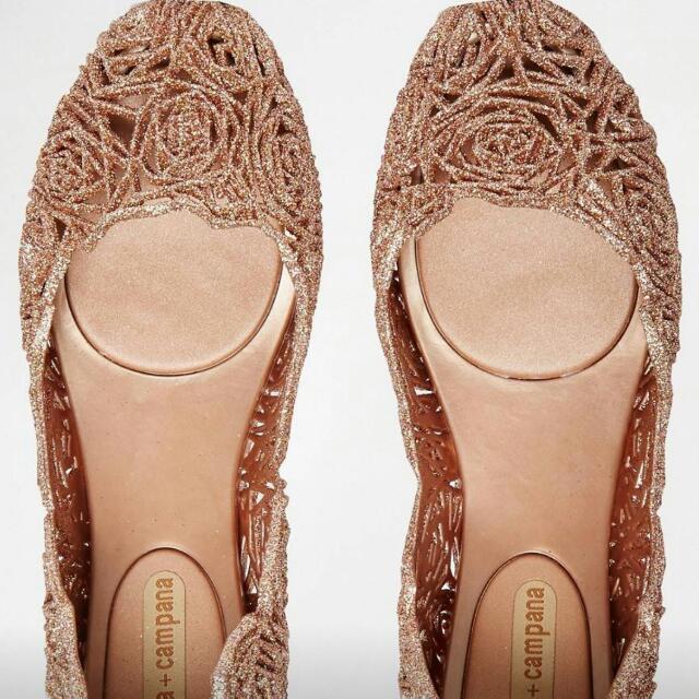 New MELISSA Rose Glitter Campana Fitas Flat Shoes UK6
