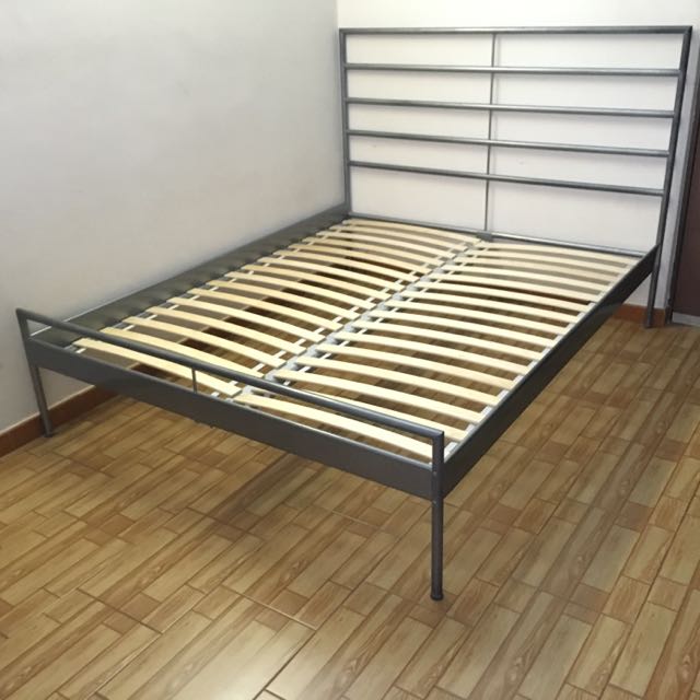 IKEA Queen Sized Metal Bed Frame with Slatted Bed Base and Midbeam