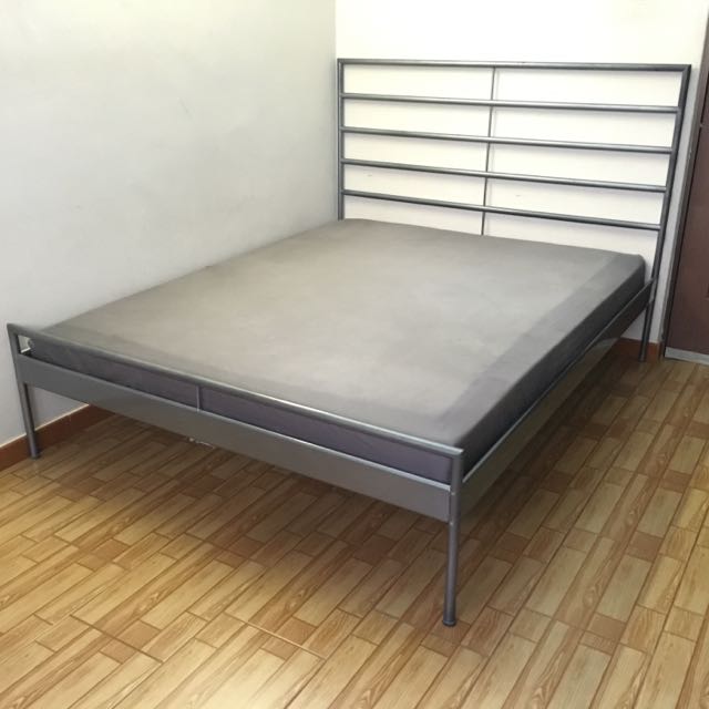 IKEA Queen Sized Metal Bed Frame with Slatted Bed Base and Midbeam