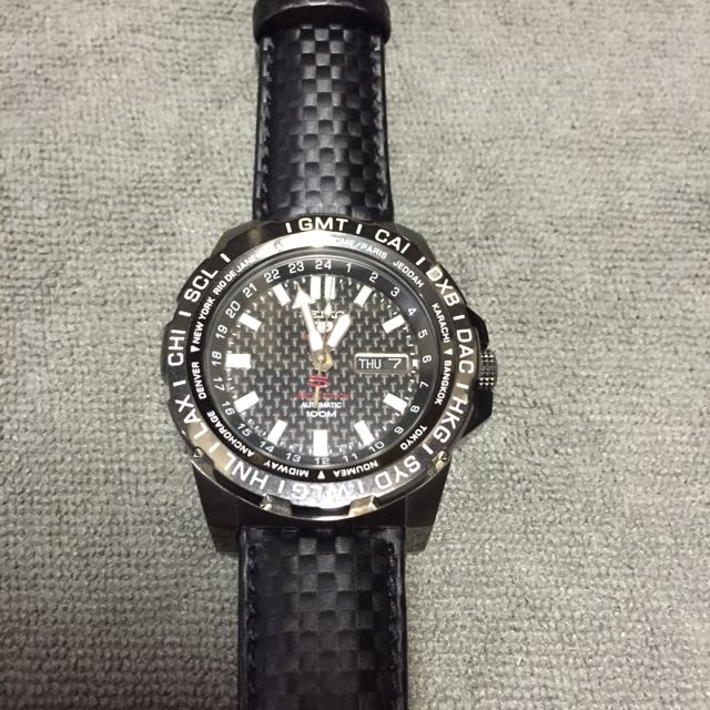 SEIKO 5 Sports Limited Edition SRP723 Automatic Black Carbon Fiber Dial And Leather Strap