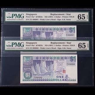 $1 Singapore Ship Replacement Note 2 Pieces Running Number PMG 65