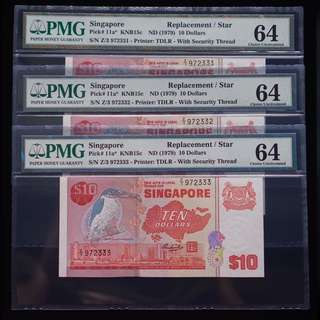 $10 Singapore Bird Replacement Note 3 Pieces Running Numbers PMG 64