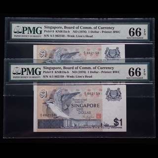 $1 Singapore Bird Note A/1 Prefix 1 Pair PMG 66