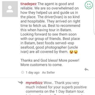 Good Review Testimonials From Happy Customers For Batam Tour Package & Transport Booking