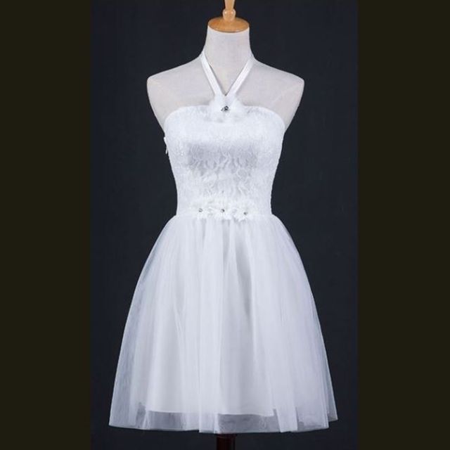 White Floral Mesh Satin Halter Strap Backless Mini Dress Formal