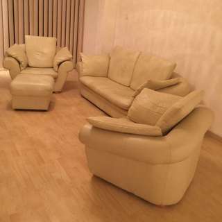 3+1+1 Seater And Ottoman Full Real leather Cream Coloured Sofa Set