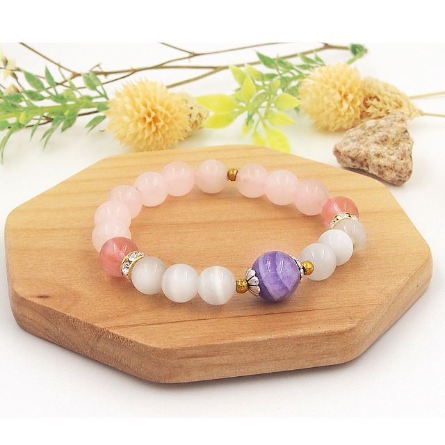 Natural Mala Yoga Bracelet Rose Quartz Cherry Quartz Cat S