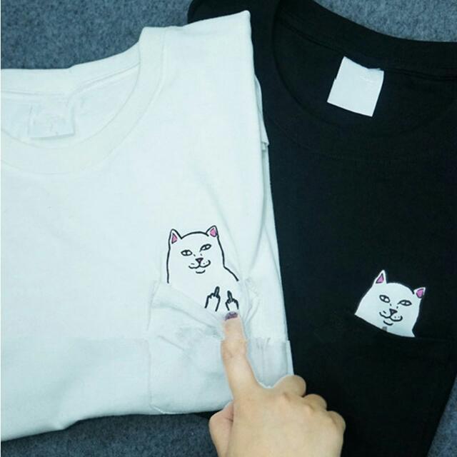 White Cat Middle Finger Pocket Tee, Women's Fashion, Tops, Shirts on