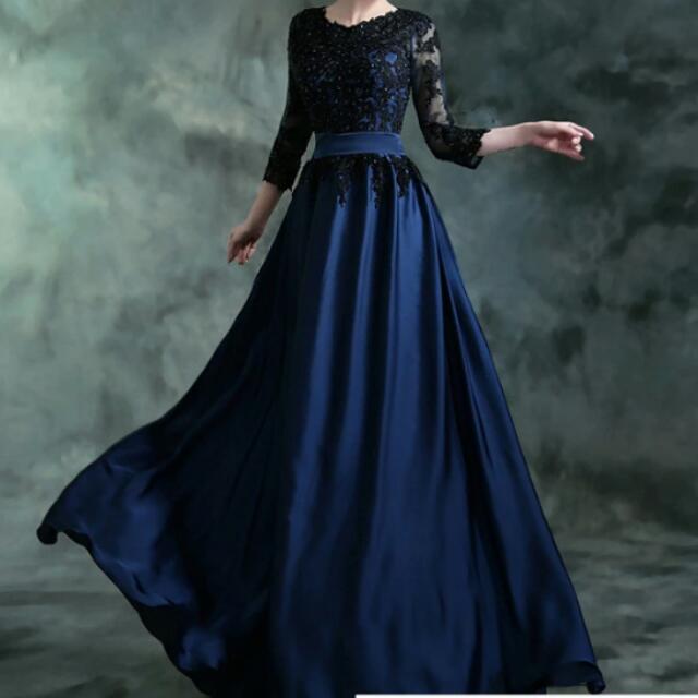 Custom Made Dark Blue Long Sleeve Chiffon Dress Evening Beaded Lace A Line  Long Cheap Evening Prom Party Dresses Robe De Soiree, Women's Fashion,  Dresses u0026 Sets, Evening dresses u0026 gowns on