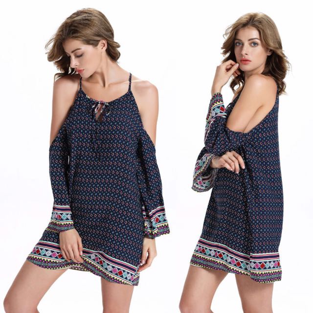 Tribal Bohemian Casual Chic Off Shoulder Dark Mini Dress Code