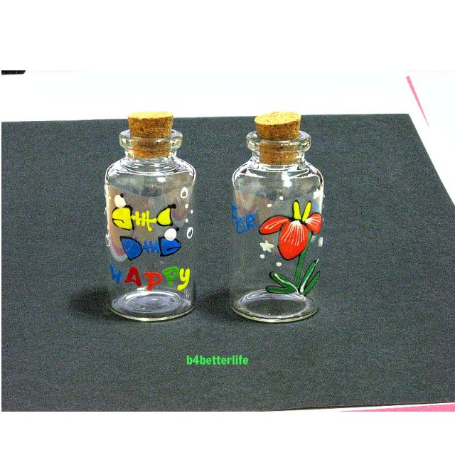 B103 Lot Of 2pcs Hand Painted Mini Clear Glass Bottle With Cork