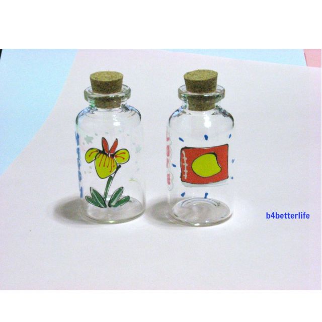 B108 Lot Of 2pcs Hand Painted Mini Clear Glass Bottle With Cork