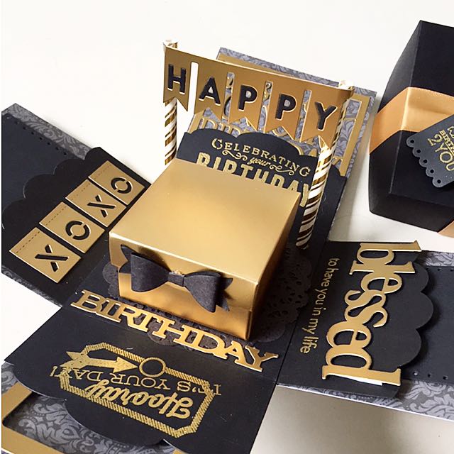 Happy Birthday Explosion Box Card In Gold And Black, Design & Craft on
