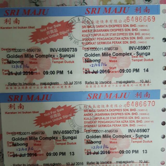 Urgently Selling 50 For 2 Sri Maju Bus Tickets Singapore Golden Mile Complex Penang Sungai Nibong 12 08 2016 Fri 9 00pm Reason To Sell Unable To Back Due To Personal Reason Tickets Vouchers Local Attractions