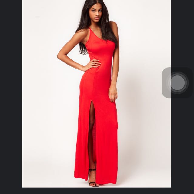 red thigh split maxi dress