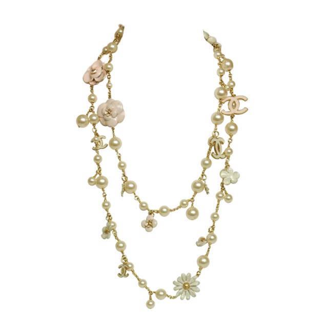 RARE Camellia Flower CC crystal and Pearl Double Strand Gold Tone Long  Neckace