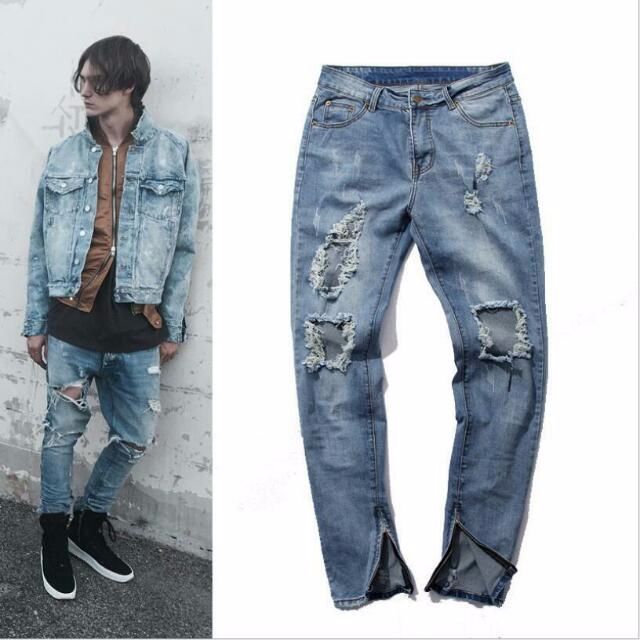 28 36 Kanye West Side Zipper Skinny Jeans Knee Cats In Europe And