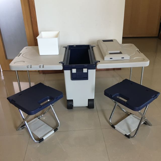 Multifunction rolling cooler with sales table and 2 chairs
