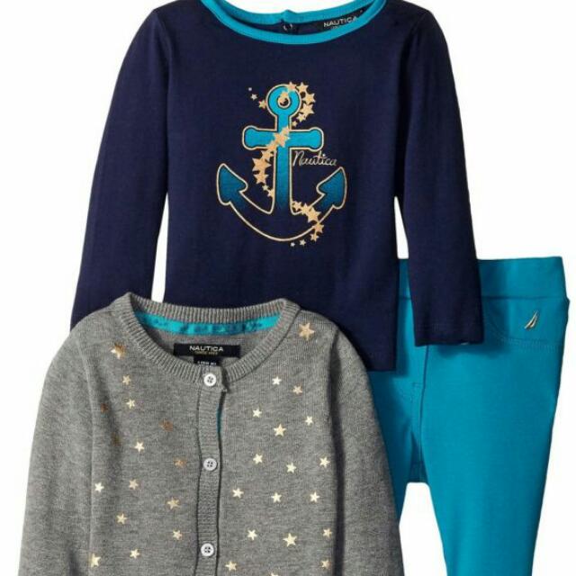 3 pcs Cardigan Long Sleeve Tee & Knit Pant Nautica baby Girls' set 6,9 sizes 