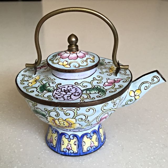 Collectible Miniature Enamel On Copper Teapot Furniture Home