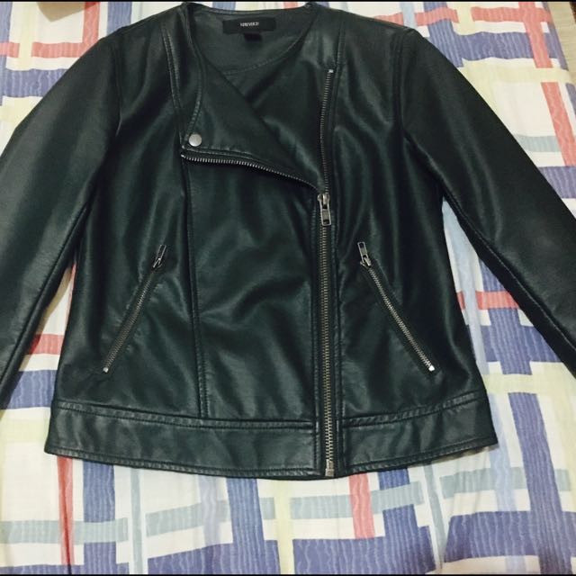 RESERVED Forever21 Dark Green Faux Leather Jacket, Women's Fashion