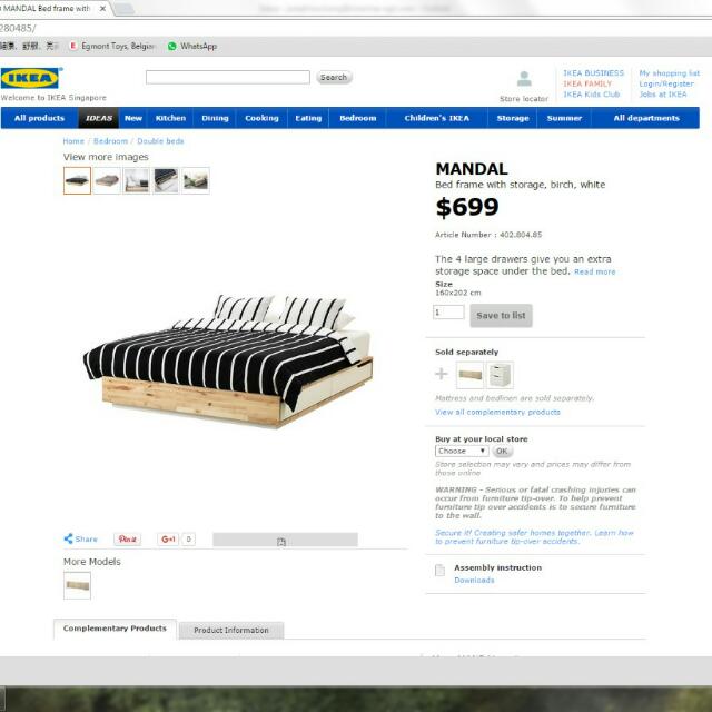 Ikea Mandal Bed Frame With Storage, Birch, White, Furniture & Home